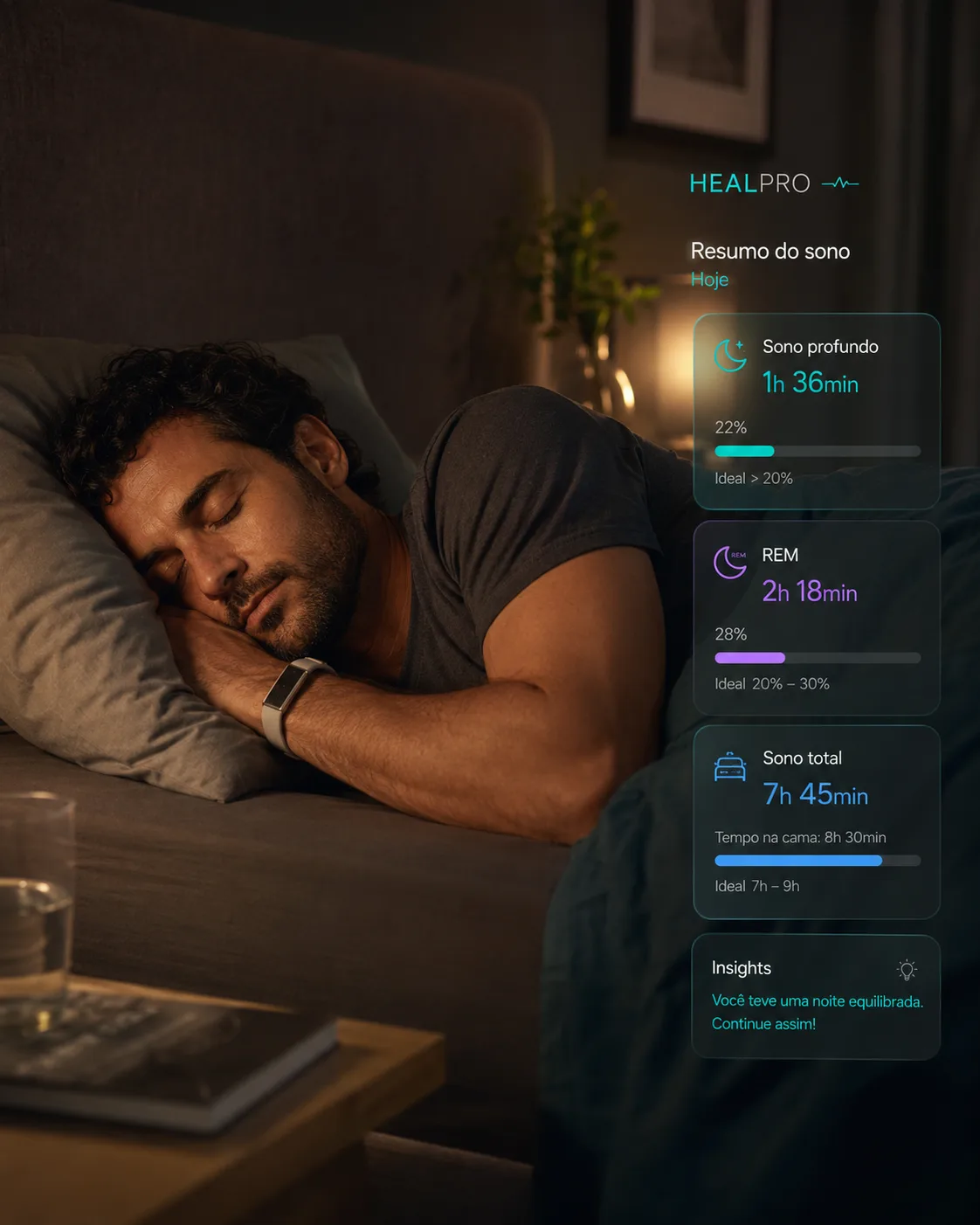 Pessoa dormindo com resumo do sono no HealPro