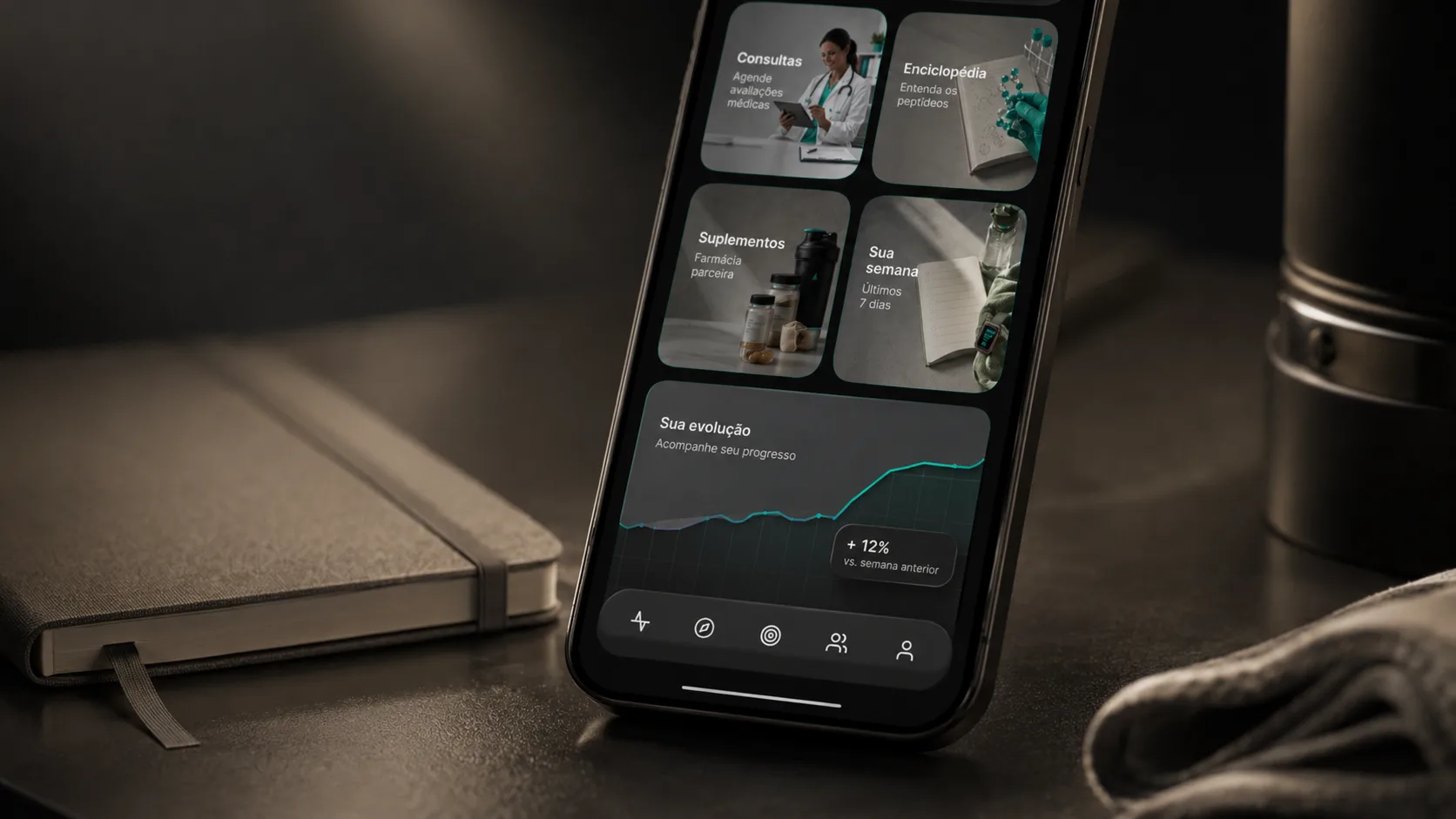 Tela do HealPro com o gráfico de evolução semanal, +12% em relação à semana anterior